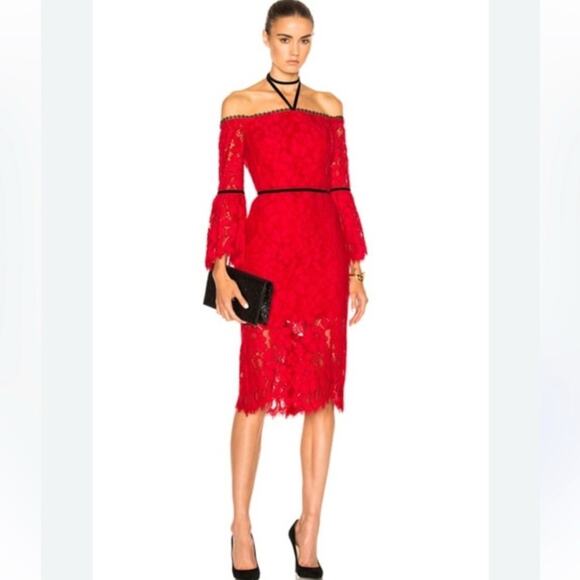 ALEXIS Women's Odette Velvet Necktie Off the Shoulder Lace Dress RED Size Medium - Picture 2 of 9